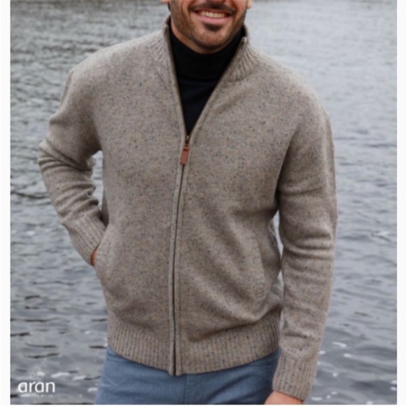 Aran Wool Knit Full Zip Front Cardigan Irish Sweater Neutral Mens Size Medium - Picture 9 of 9